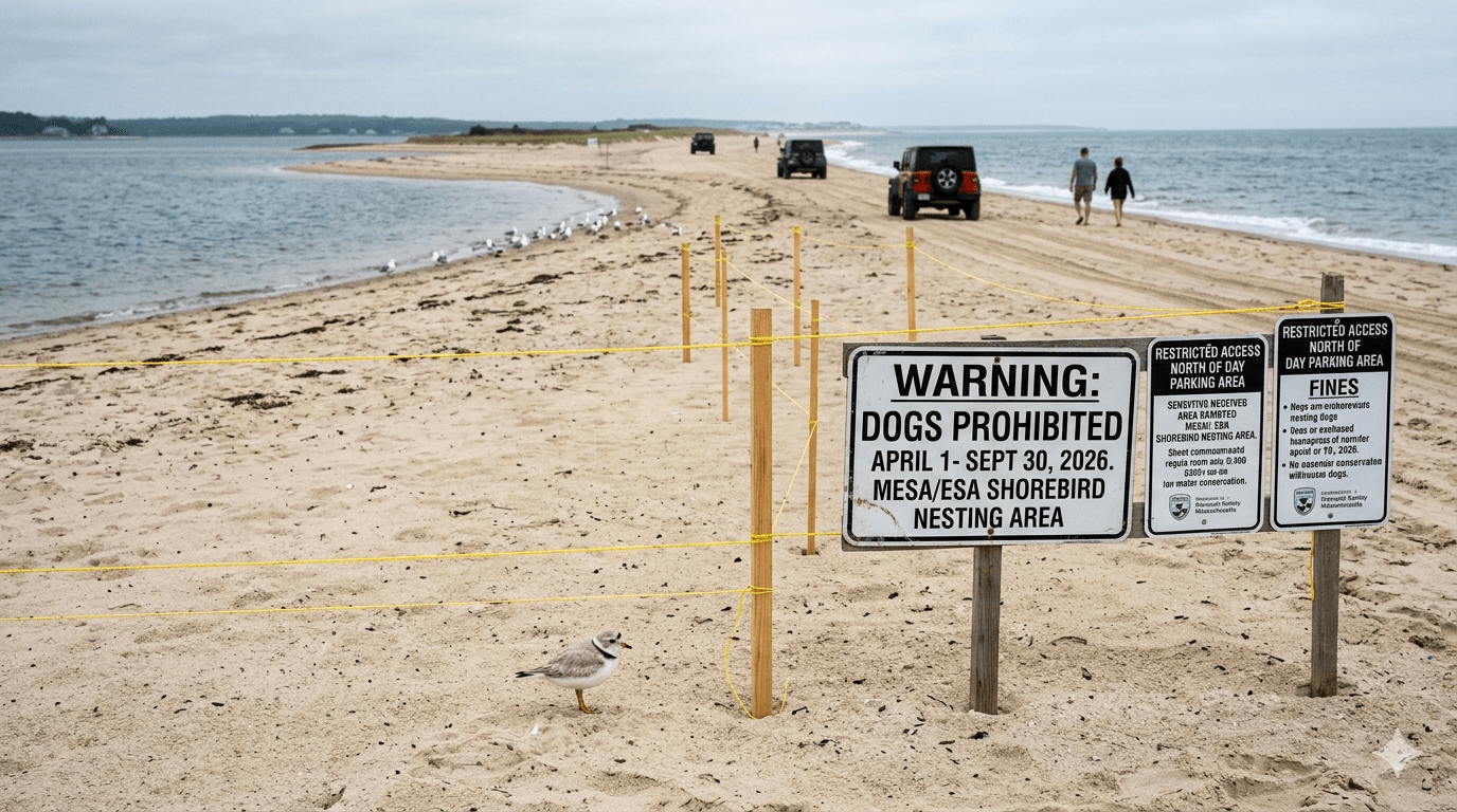 Sign at Plymouth Long Beach displaying 2026 dog restrictions and nesting bird protection area