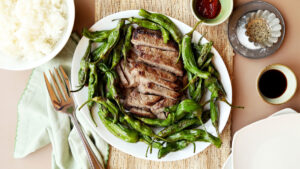 Minute Steaks With Shishitos and Jasmine Rice